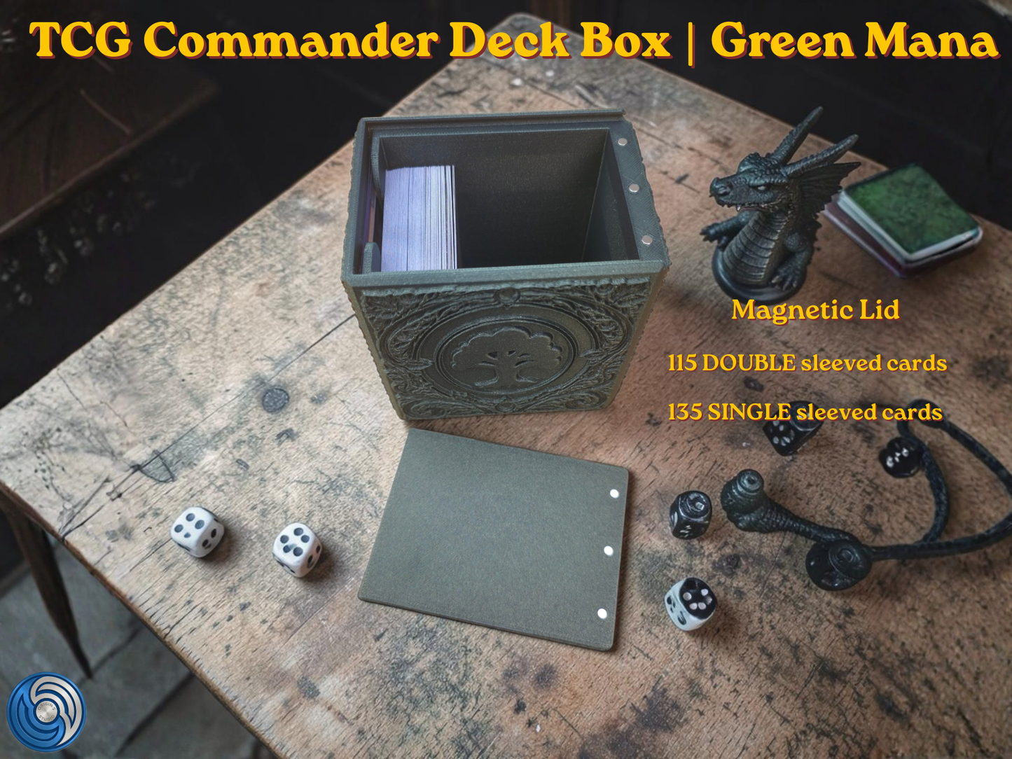 12:35Claude responded: Green Mana embossed MTG Commander deck box, UK made 3D printed EDH vault with magnetic lid, intricate forest mana symbol relief front panel with ornate floral …Green Mana embossed MTG Commander deck box, UK made 3D printed EDH vault with magnetic lid, intricate forest mana symbol relief front panel with ornate floral embossed design on all sides, holds 115 double sleeved or 135 single sleeved cards, magnetic lid shown open and closed revealing full card capacity, compatible with MTG C