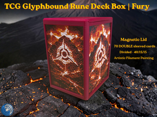 TCG Glyphbound Rune Deck Box Fury edition, UK made 3D printed magnetic lid, artistic filament painting volcanic fire rune design, holds 70 double sleeved cards divided 40/15/15, commander card display window with free premium toploader included, compatible with MTG Commander EDH, One Piece TCG, Disney Lorcana, Flesh and Blood, Yu-Gi-Oh, Pokémon TCG, small TCG deck box, divided deck box, HueForge art deck box, red deck box, fire themed card storage, tabletop gaming accessories, gift for MTG player, UK made c
