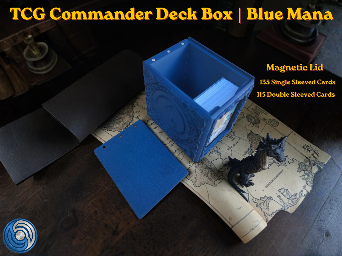 Blue Mana Embossed 3D Printed Magnetic MTG Commander EDH Deck Box | Holds 100+ Double Sleeved Cards | Compatible with Magic The Gathering Commander, One Piece TCG, Disney Lorcana, Flesh and Blood | Premium PLA+ Card Vault | Available in Navy Blue and Grey | UK Made by Origin·S Studio Rotherham | Gift for TCG Player
