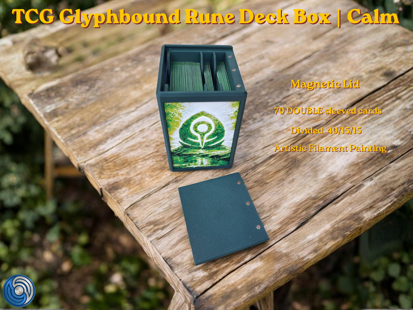 Glyphbound Calm Rune Riftbound Magnetic TCG Deck Box | HueForge Multi-Colour Art Panel | Green Calm Rune Edition | Compatible with Riftbound, Pokémon TCG, Yu-Gi-Oh! and MTG Draft | Holds 70 Double Sleeved Cards | UK Made by Origin·S Studio Rotherham | Gift for TCG Player