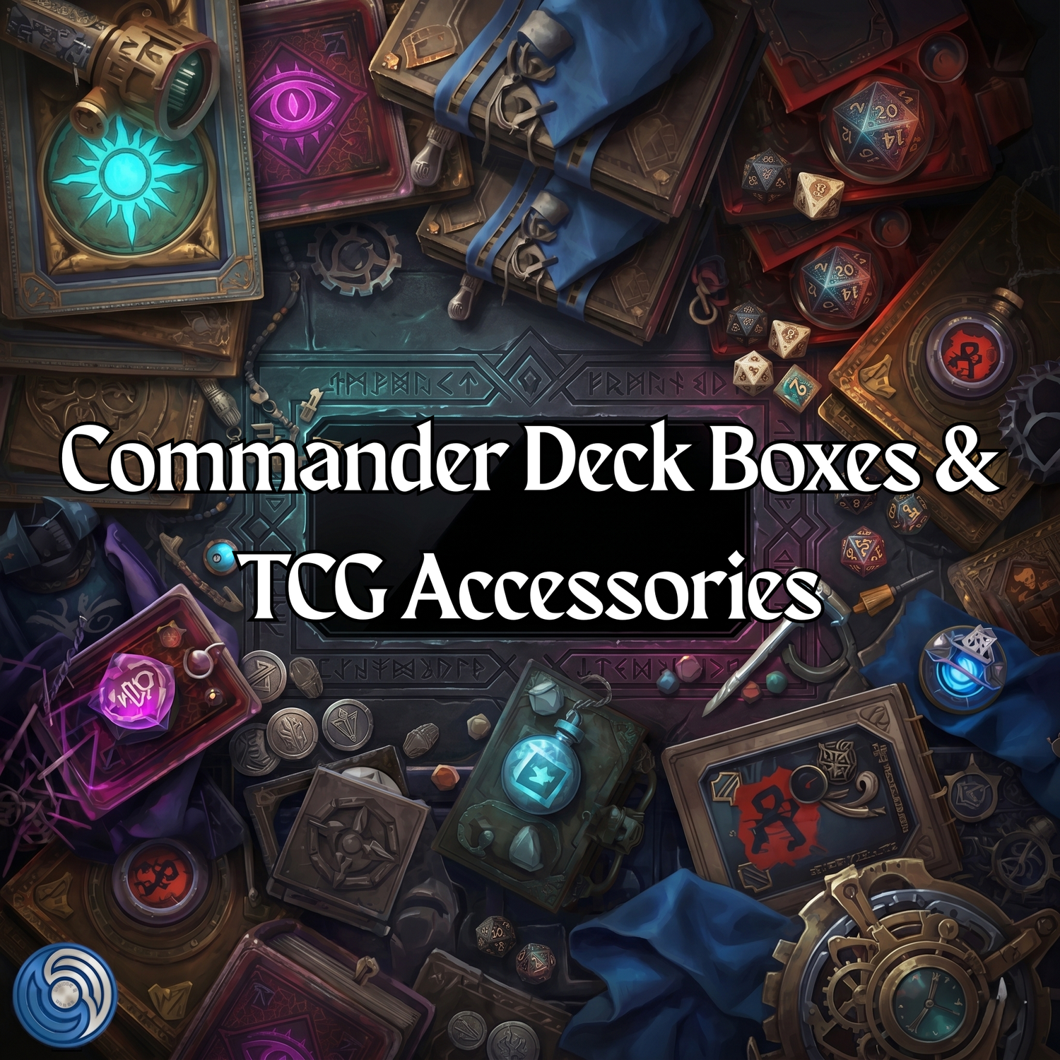 A collection of PT brand TCG accessories, including premium leather Commander deck boxes in multiple colors, a playmat, and card sleeves arranged on a gaming table.