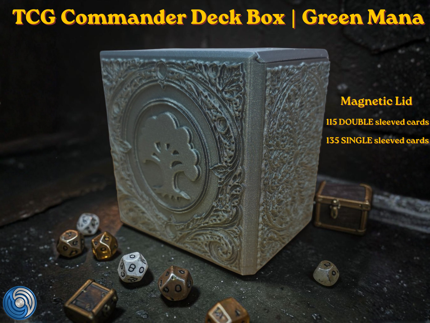 12:35Claude responded: Green Mana embossed MTG Commander deck box, UK made 3D printed EDH vault with magnetic lid, intricate forest mana symbol relief front panel with ornate floral …Green Mana embossed MTG Commander deck box, UK made 3D printed EDH vault with magnetic lid, intricate forest mana symbol relief front panel with ornate floral embossed design on all sides, holds 115 double sleeved or 135 single sleeved cards, magnetic lid shown open and closed revealing full card capacity, compatible with MTG C