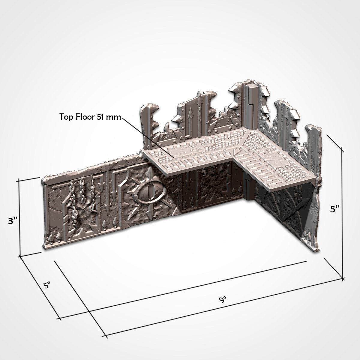 Decorative metal wall with architectural details and measurements on a white background