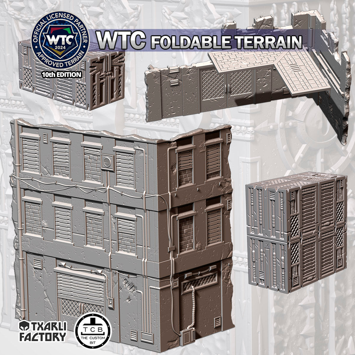 WTC Foldable Terrain set with various modular pieces on a textured background