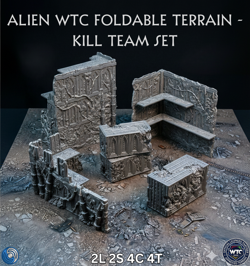 Alien WTC foldable terrain set for a kill team on a dark background