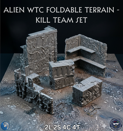 Alien WTC foldable terrain set for a kill team on a dark background
