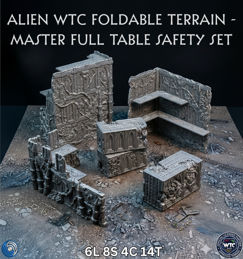 Alien WTC foldable terrain set with detailed structures on a dark background