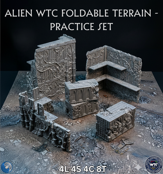 Foldable terrain practice set for gaming with text 'Alien WTC Foldable Terrain - Practice Set' on a dark background.