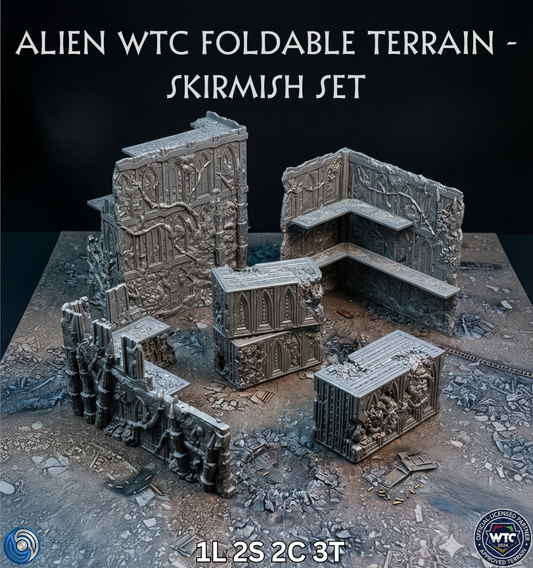 Alien WTC foldable terrain skirmish set with detailed structures on a dark background
