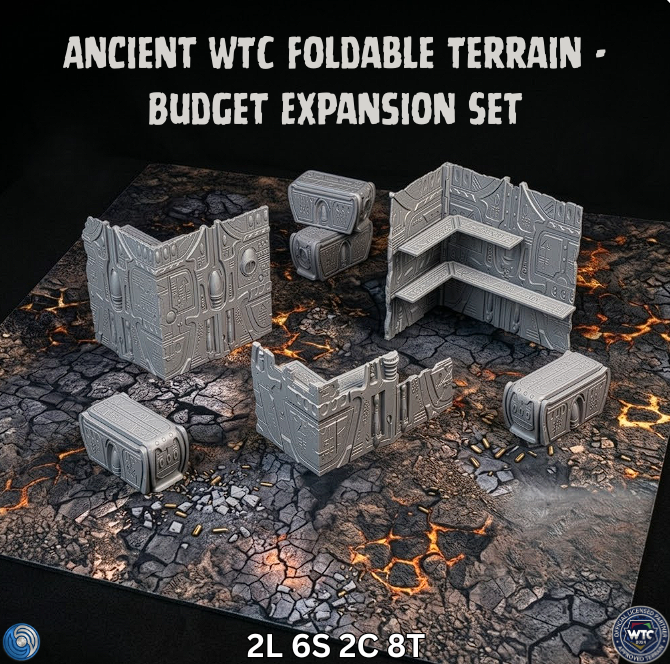 Ancient WTC foldable terrain budget expansion set on a dark, textured surface with text overlay.