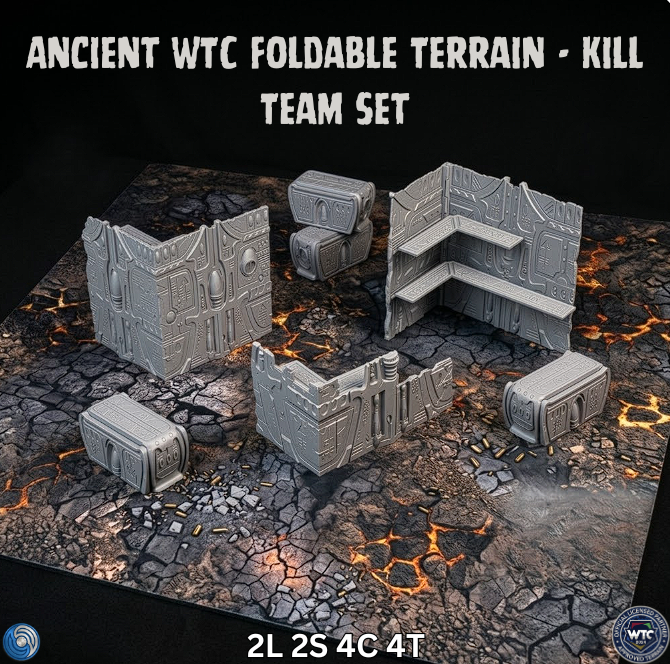 Ancient WTC foldable terrain set for gaming on a dark surface with text.