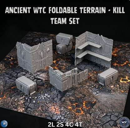 Ancient WTC foldable terrain set for gaming on a dark surface with text.