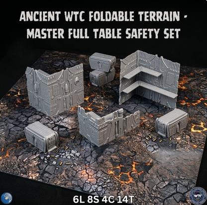 Ancient WTC foldable terrain set on a dark, fiery surface with text indicating product details.