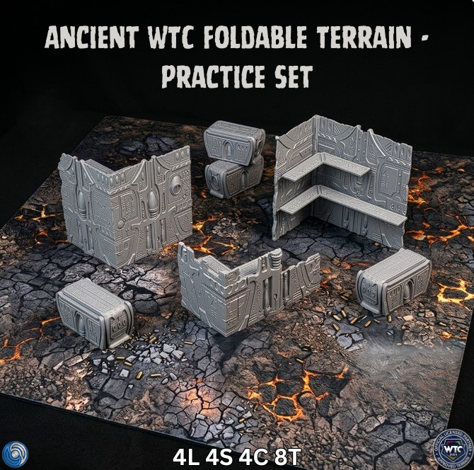 Ancient WTC foldable terrain practice set on a dark surface with text above.