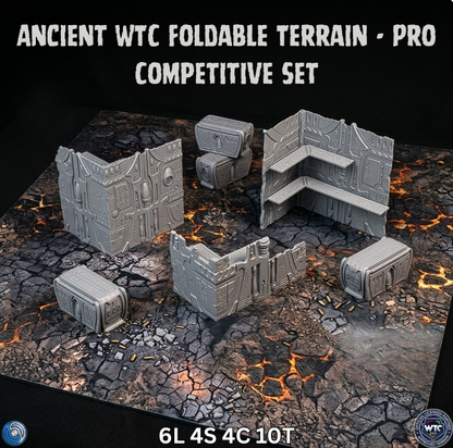 Ancient WTC foldable terrain set for competitive gaming on a dark surface with fiery effects.