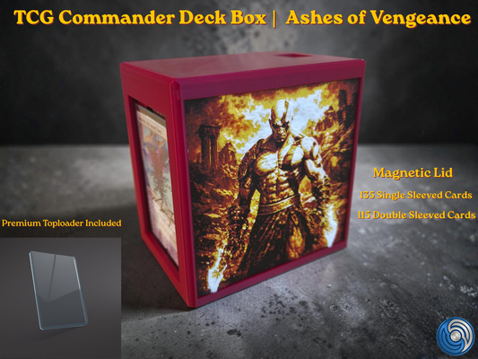 Premium MTG Commander Vault Box for TCG decks, featuring a custom 3D printed, textured relief panels, and a secure storage vault for 100+ sleeved cards. Ashes of Vengeance