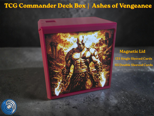 Premium MTG Commander Vault Box for TCG decks, featuring a custom 3D printed, textured relief panels, and a secure storage vault for 100+ sleeved cards. Ashes of Vengeance