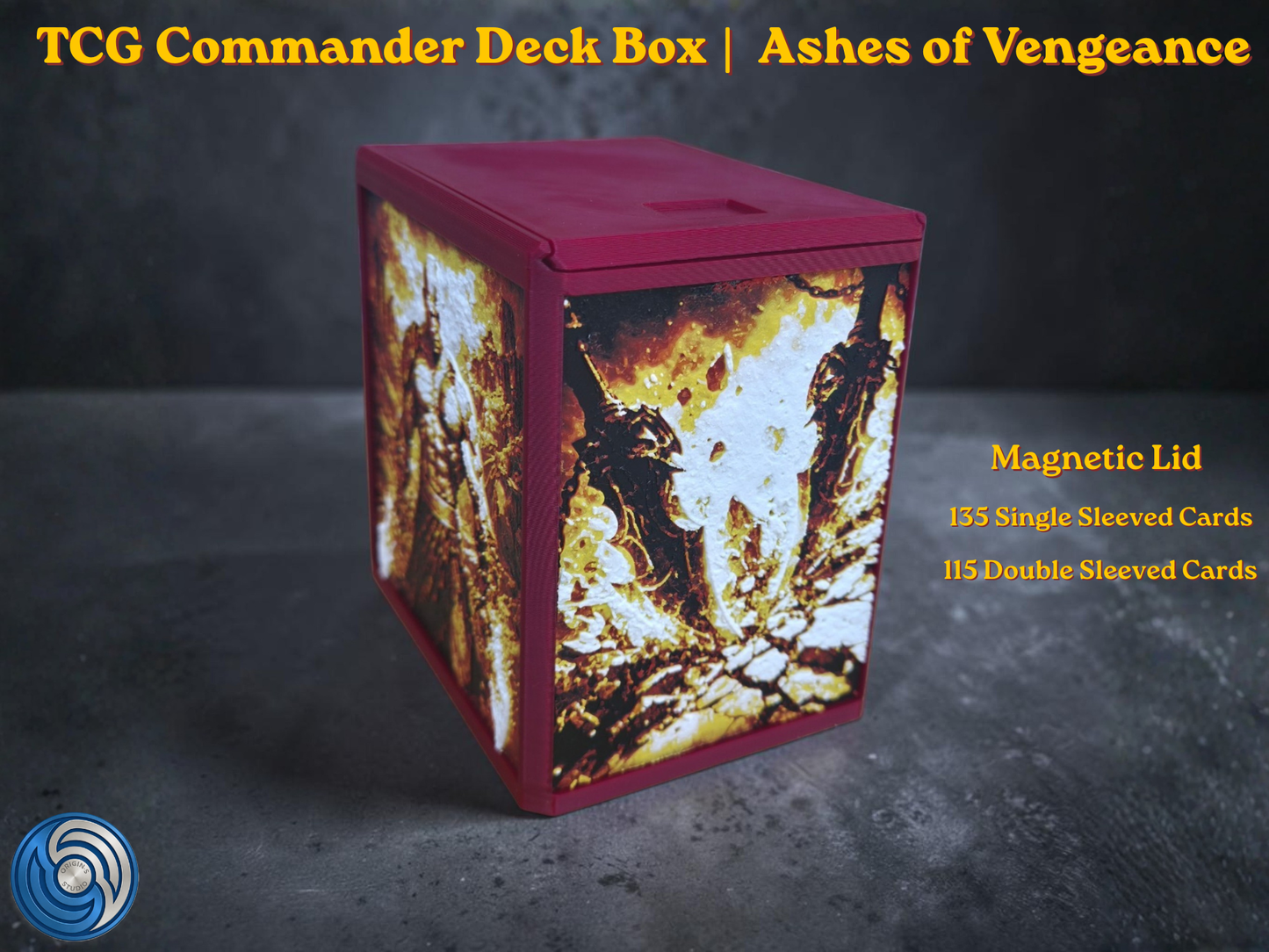 Premium MTG Commander Vault Box for TCG decks, featuring a custom 3D printed, textured relief panels, and a secure storage vault for 100+ sleeved cards. Ashes of Vengeance