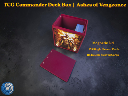 Premium MTG Commander Vault Box for TCG decks, featuring a custom 3D printed, textured relief panels, and a secure storage vault for 100+ sleeved cards. Ashes of Vengeance