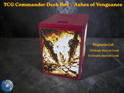Premium MTG Commander Vault Box for TCG decks, featuring a custom 3D printed, textured relief panels, and a secure storage vault for 100+ sleeved cards. Ashes of Vengeance