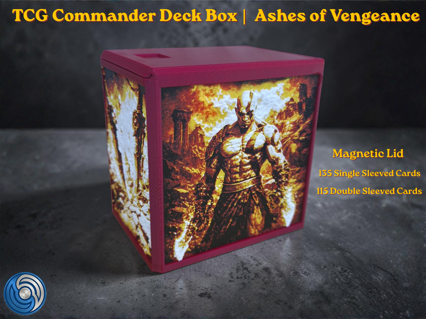 Premium MTG Commander Vault Box for TCG decks, featuring a custom 3D printed, textured relief panels, and a secure storage vault for 100+ sleeved cards. Ashes of Vengeance