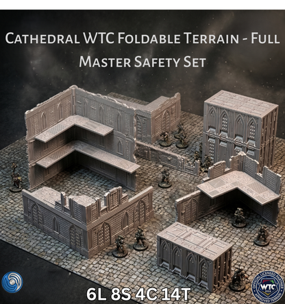 Cathedral WTC foldable terrain set with miniatures on a dark background