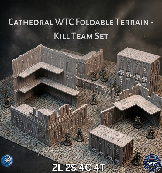 Foldable terrain set for a cathedral-themed game, featuring multiple buildings and figures on a dark background.