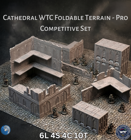 Cathedral WTC Foldable Terrain Pro Competitive Set with game figures on a dark background