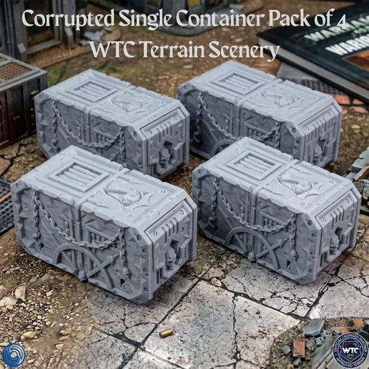 Four gray textured containers on a cracked ground with 'WTC Terrain Scenery' branding.