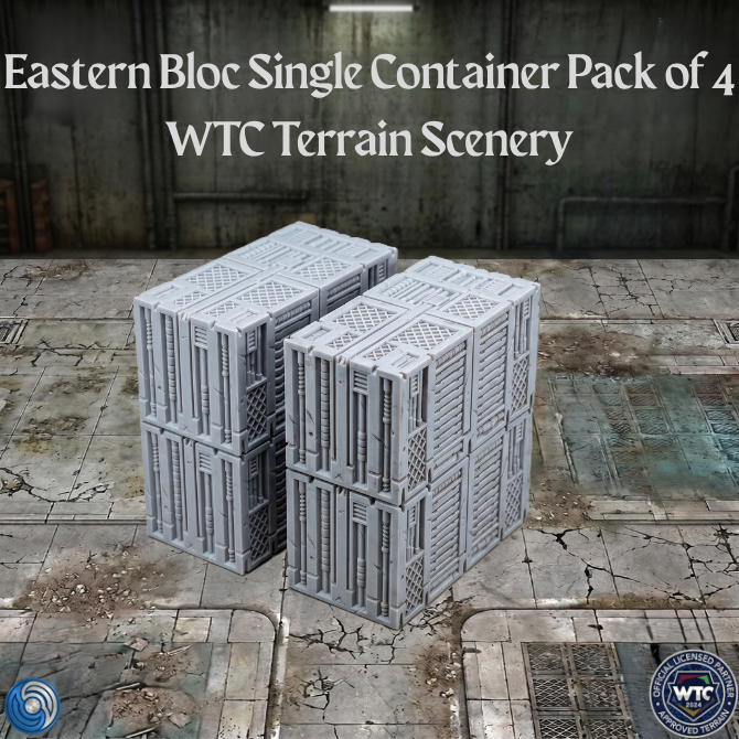 Two gray crates on a textured ground with 'Eastern Bloc Single Container Pack of 4 WTC Terrain Scenery' text above.