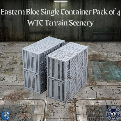 Two gray crates on a textured ground with 'Eastern Bloc Single Container Pack of 4 WTC Terrain Scenery' text above.