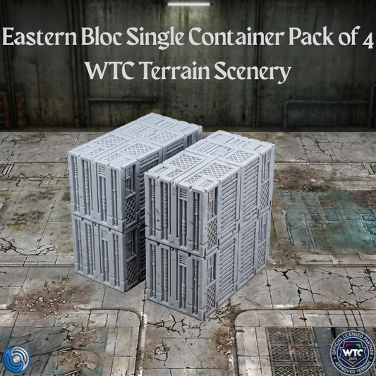 Two gray crates on a textured ground with 'Eastern Bloc Single Container Pack of 4 WTC Terrain Scenery' text above.