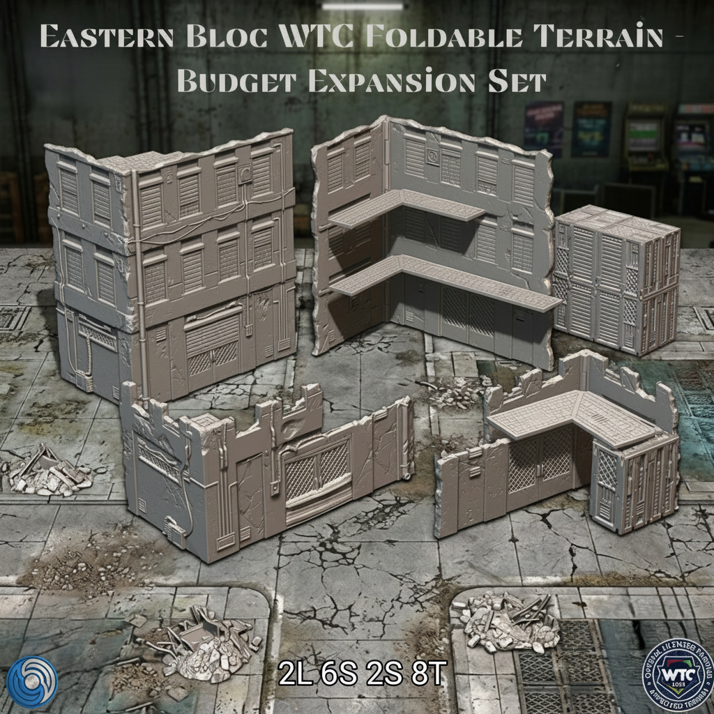 Foldable terrain set for gaming on a textured surface with branding text.