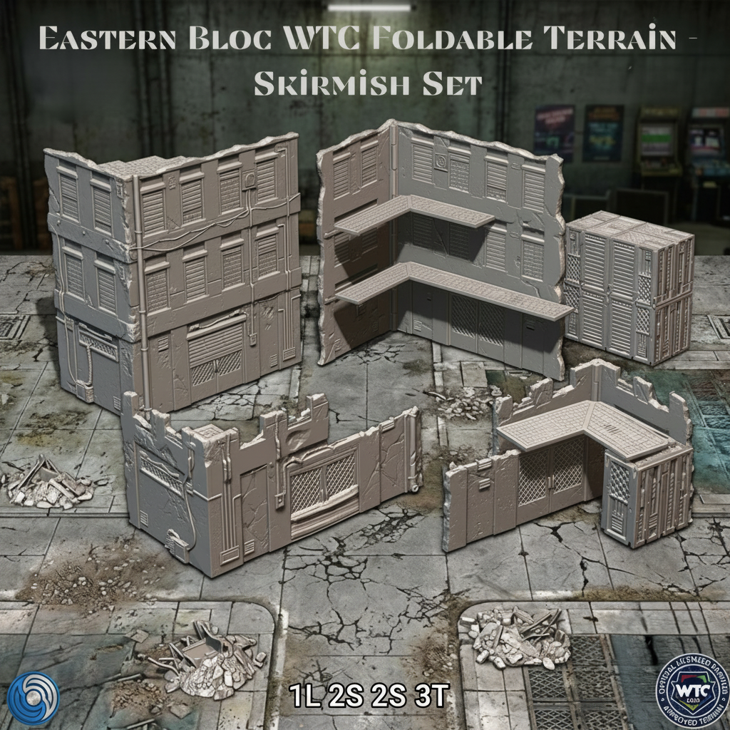 Foldable terrain set for wargaming on a textured surface with 'Eastern Bloc WTC' branding.