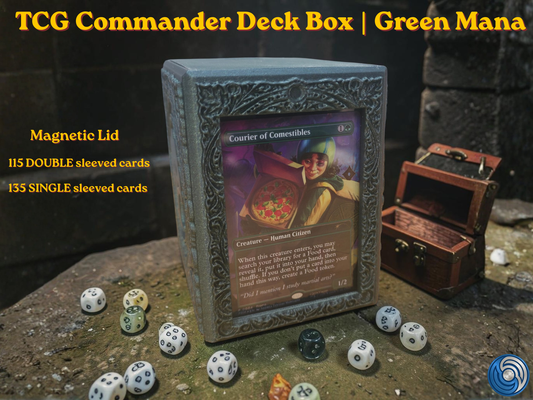 12:35Claude responded: Green Mana embossed MTG Commander deck box, UK made 3D printed EDH vault with magnetic lid, intricate forest mana symbol relief front panel with ornate floral …Green Mana embossed MTG Commander deck box, UK made 3D printed EDH vault with magnetic lid, intricate forest mana symbol relief front panel with ornate floral embossed design on all sides, holds 115 double sleeved or 135 single sleeved cards, magnetic lid shown open and closed revealing full card capacity, compatible with MTG C