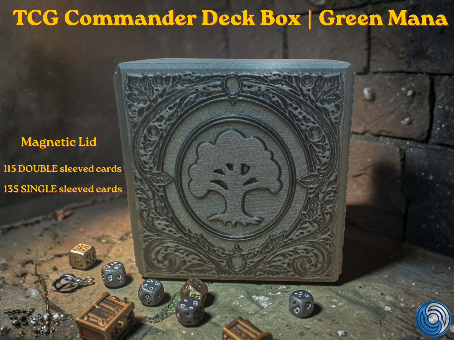 12:35Claude responded: Green Mana embossed MTG Commander deck box, UK made 3D printed EDH vault with magnetic lid, intricate forest mana symbol relief front panel with ornate floral …Green Mana embossed MTG Commander deck box, UK made 3D printed EDH vault with magnetic lid, intricate forest mana symbol relief front panel with ornate floral embossed design on all sides, holds 115 double sleeved or 135 single sleeved cards, magnetic lid shown open and closed revealing full card capacity, compatible with MTG C