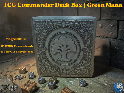 12:35Claude responded: Green Mana embossed MTG Commander deck box, UK made 3D printed EDH vault with magnetic lid, intricate forest mana symbol relief front panel with ornate floral …Green Mana embossed MTG Commander deck box, UK made 3D printed EDH vault with magnetic lid, intricate forest mana symbol relief front panel with ornate floral embossed design on all sides, holds 115 double sleeved or 135 single sleeved cards, magnetic lid shown open and closed revealing full card capacity, compatible with MTG C