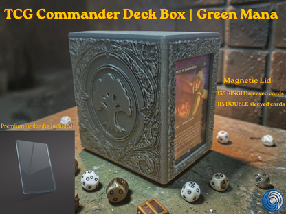12:35Claude responded: Green Mana embossed MTG Commander deck box, UK made 3D printed EDH vault with magnetic lid, intricate forest mana symbol relief front panel with ornate floral …Green Mana embossed MTG Commander deck box, UK made 3D printed EDH vault with magnetic lid, intricate forest mana symbol relief front panel with ornate floral embossed design on all sides, holds 115 double sleeved or 135 single sleeved cards, magnetic lid shown open and closed revealing full card capacity, compatible with MTG C