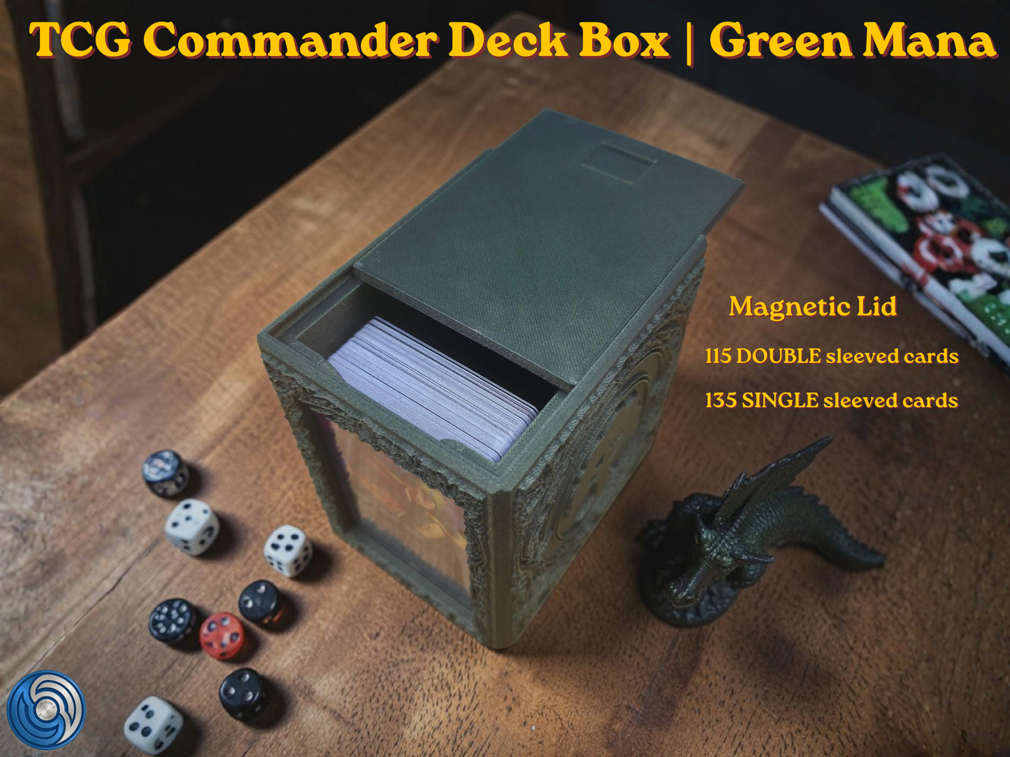 12:35Claude responded: Green Mana embossed MTG Commander deck box, UK made 3D printed EDH vault with magnetic lid, intricate forest mana symbol relief front panel with ornate floral …Green Mana embossed MTG Commander deck box, UK made 3D printed EDH vault with magnetic lid, intricate forest mana symbol relief front panel with ornate floral embossed design on all sides, holds 115 double sleeved or 135 single sleeved cards, magnetic lid shown open and closed revealing full card capacity, compatible with MTG C