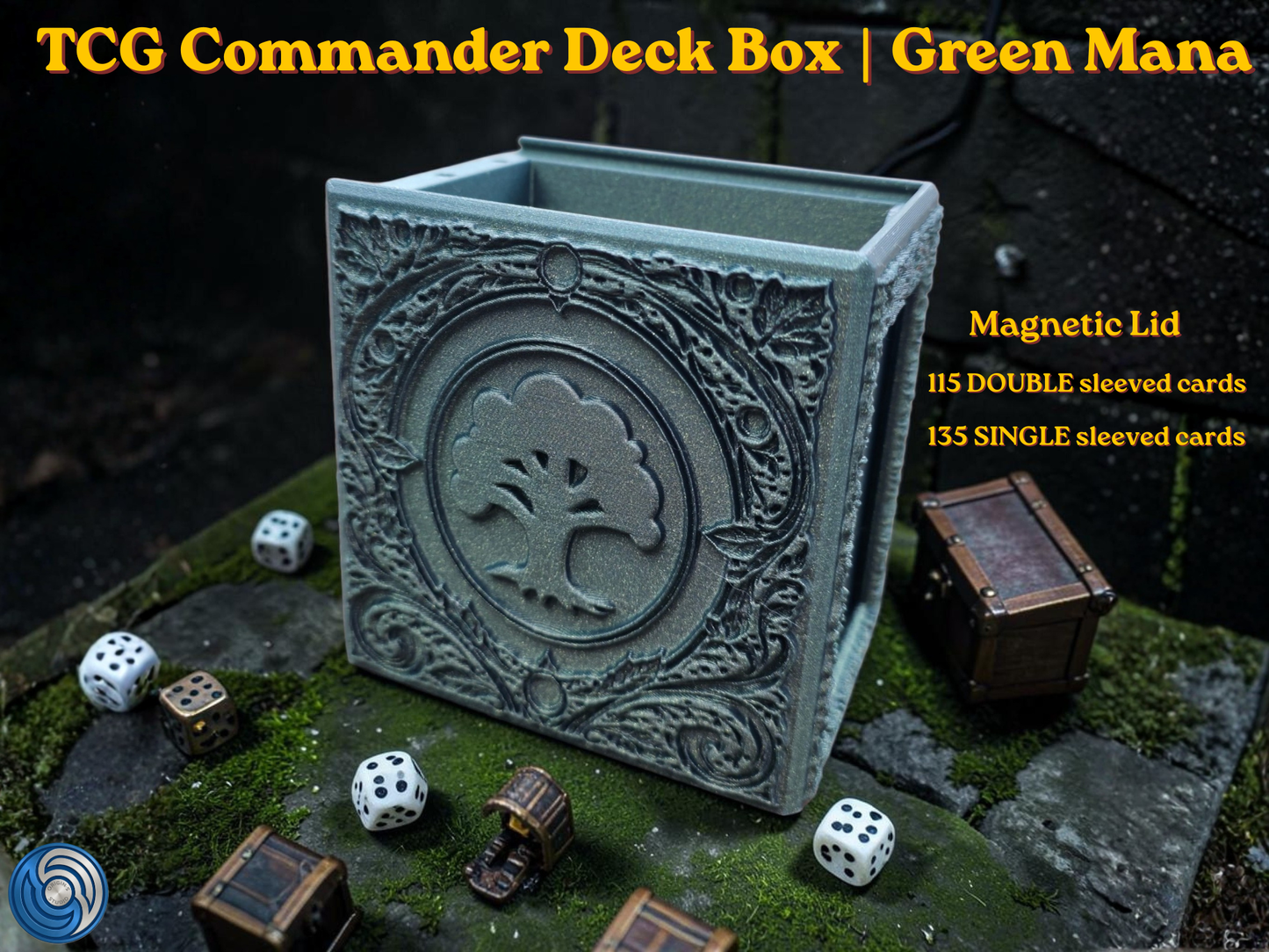 12:35Claude responded: Green Mana embossed MTG Commander deck box, UK made 3D printed EDH vault with magnetic lid, intricate forest mana symbol relief front panel with ornate floral …Green Mana embossed MTG Commander deck box, UK made 3D printed EDH vault with magnetic lid, intricate forest mana symbol relief front panel with ornate floral embossed design on all sides, holds 115 double sleeved or 135 single sleeved cards, magnetic lid shown open and closed revealing full card capacity, compatible with MTG C