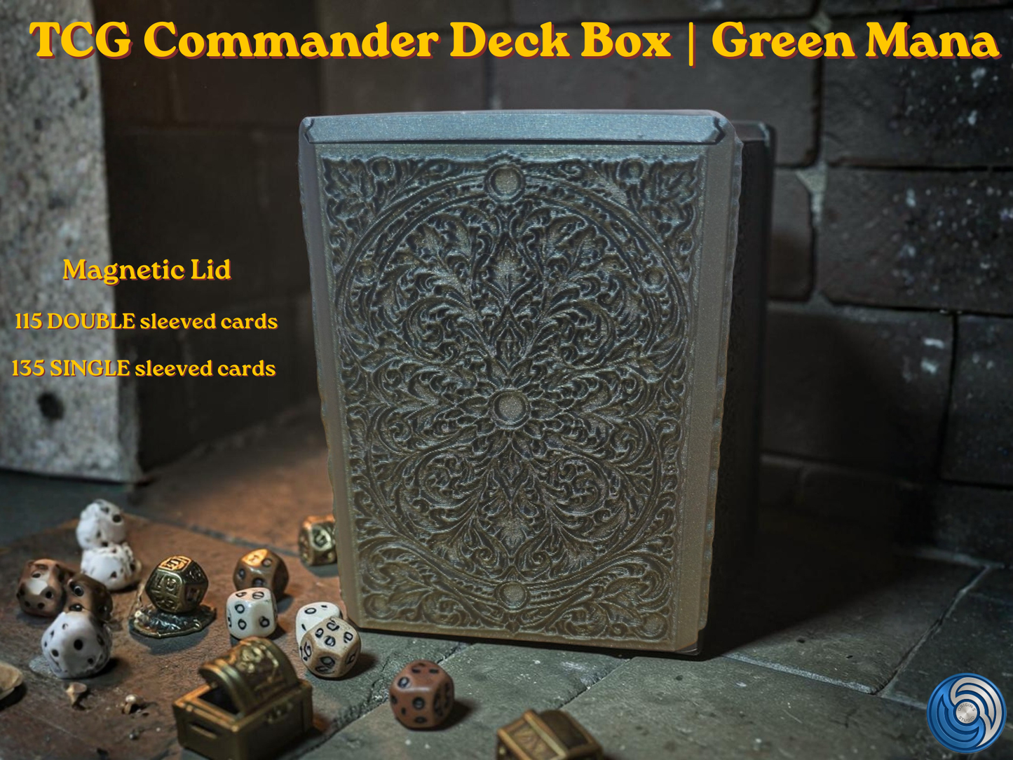 12:35Claude responded: Green Mana embossed MTG Commander deck box, UK made 3D printed EDH vault with magnetic lid, intricate forest mana symbol relief front panel with ornate floral …Green Mana embossed MTG Commander deck box, UK made 3D printed EDH vault with magnetic lid, intricate forest mana symbol relief front panel with ornate floral embossed design on all sides, holds 115 double sleeved or 135 single sleeved cards, magnetic lid shown open and closed revealing full card capacity, compatible with MTG C