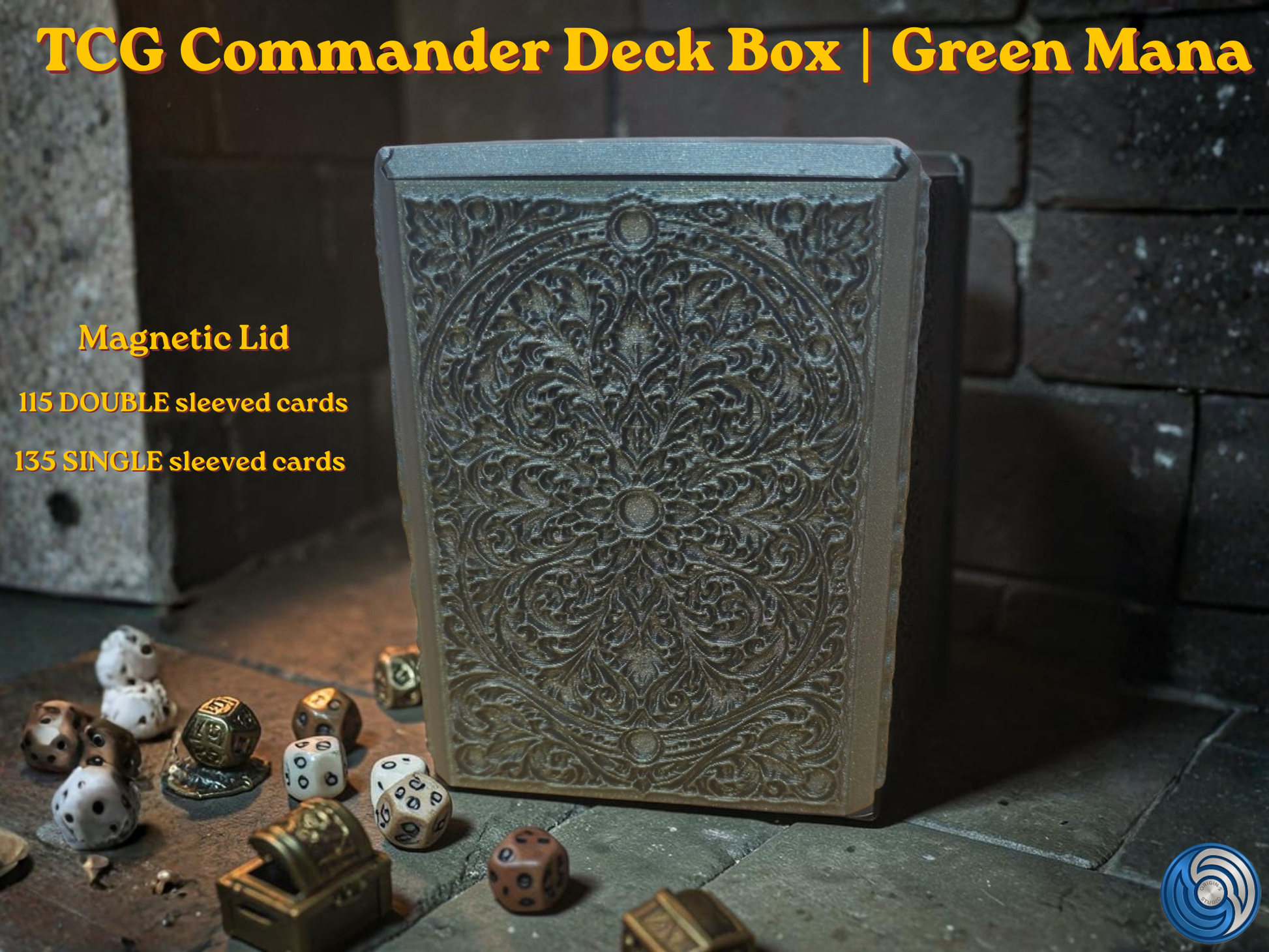 12:35Claude responded: Green Mana embossed MTG Commander deck box, UK made 3D printed EDH vault with magnetic lid, intricate forest mana symbol relief front panel with ornate floral …Green Mana embossed MTG Commander deck box, UK made 3D printed EDH vault with magnetic lid, intricate forest mana symbol relief front panel with ornate floral embossed design on all sides, holds 115 double sleeved or 135 single sleeved cards, magnetic lid shown open and closed revealing full card capacity, compatible with MTG C