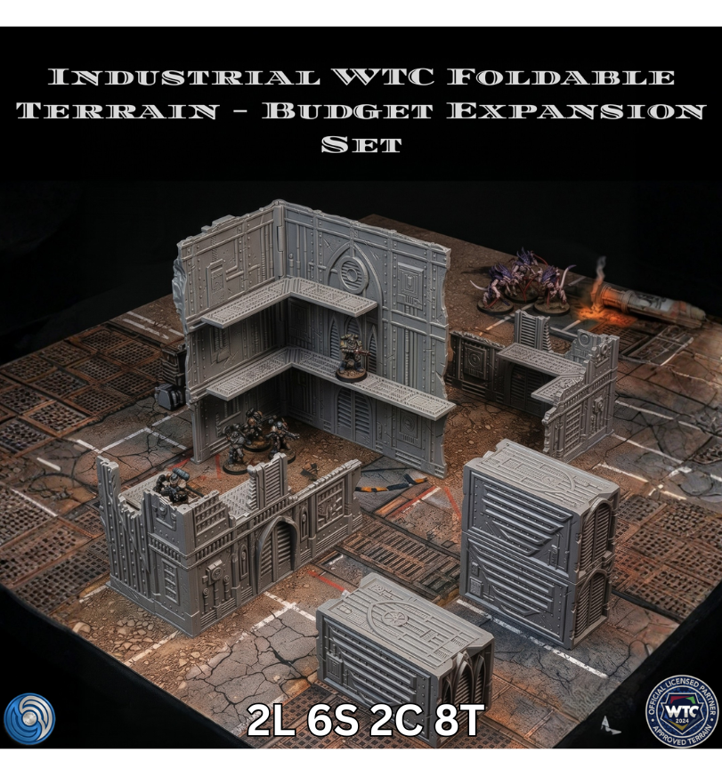 Industrial WTC Foldable Terrain Budget Expansion Set on a dark surface with text and logos.