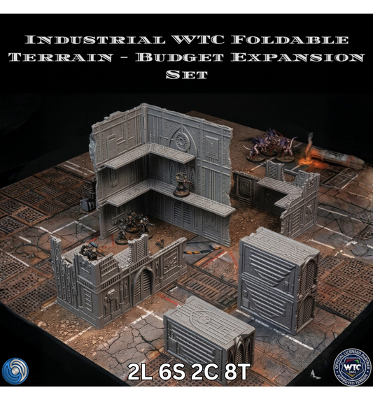 Industrial WTC Foldable Terrain Budget Expansion Set on a dark surface with text and logos.