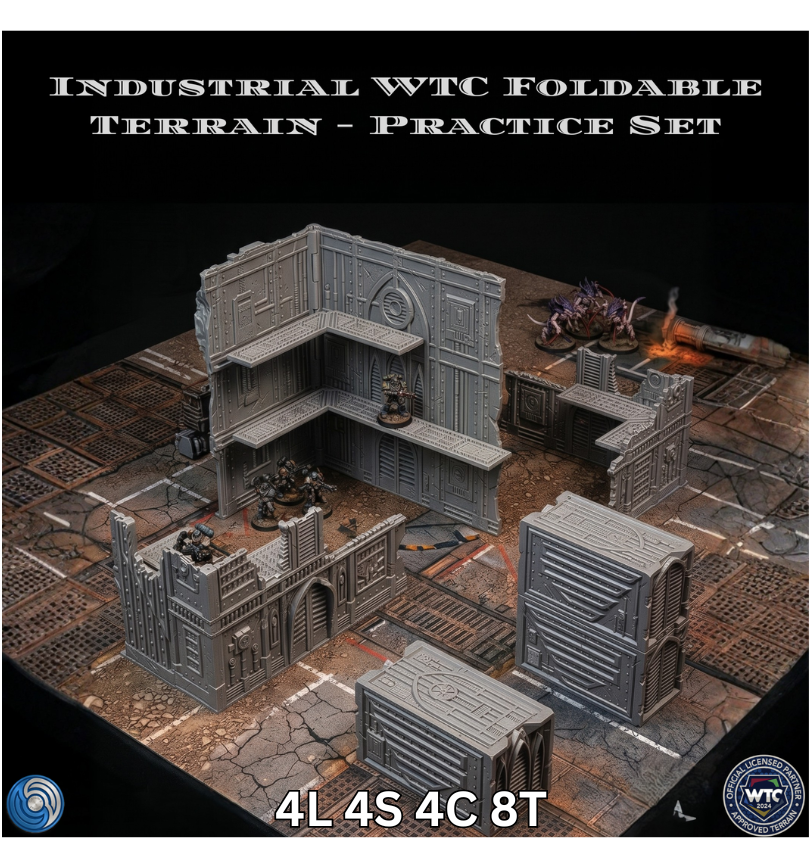 Industrial WTC Foldable Terrain Practice Set with detailed structures on a dark background