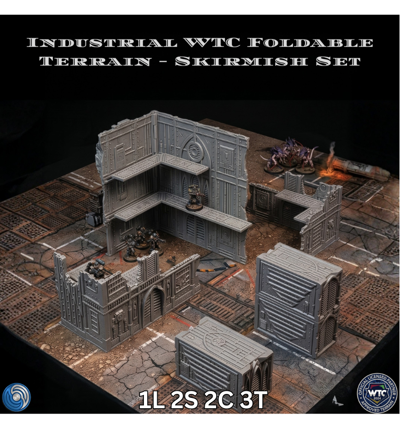 Industrial WTC Foldable Terrain Skirmish Set on a dark surface with text and logos.