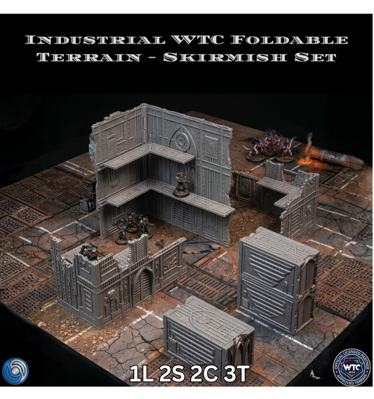 Industrial WTC Foldable Terrain Skirmish Set on a dark surface with text and logos.
