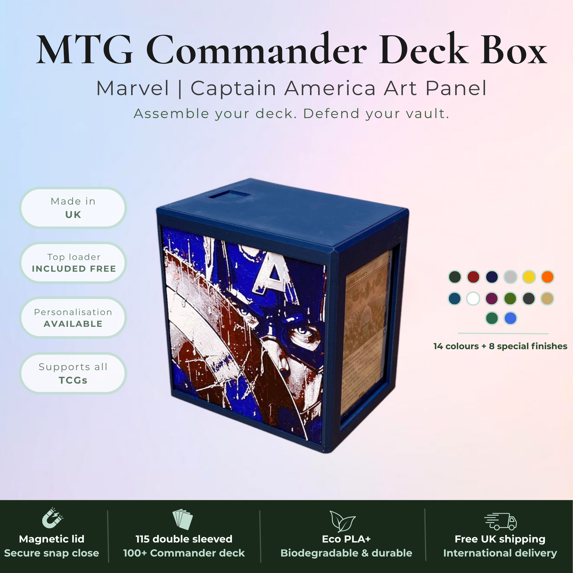 Captain America MTG Commander deck box, Marvel Super Heroes art panel.
Magnetic lid, fits 115 double-sleeved cards, top-loader included.
Handmade in Rotherham UK, 22 colours available.