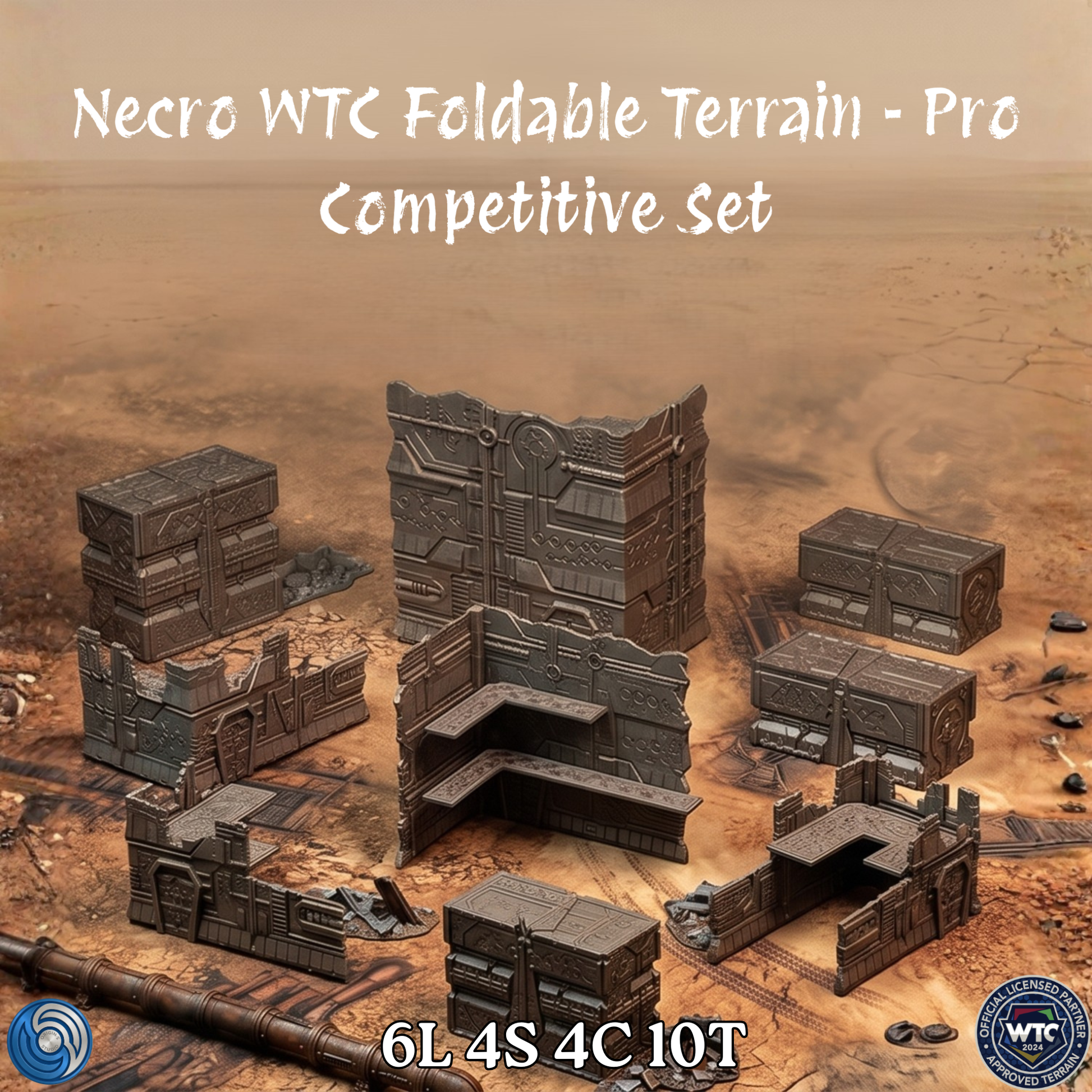 Necro WTC Foldable Terrain Pro Competitive Set on a desert-themed background