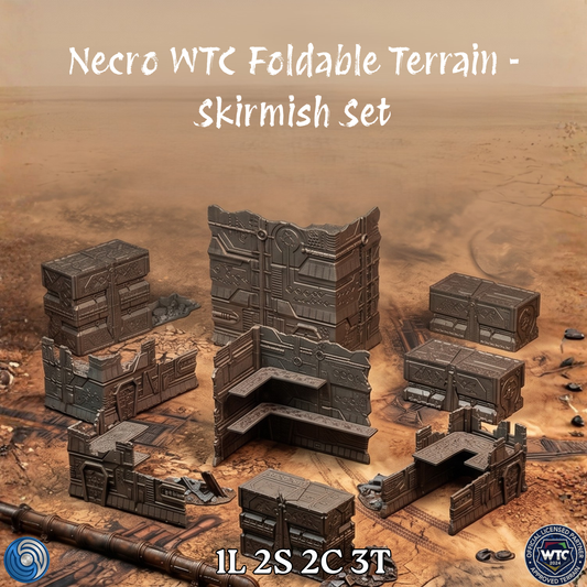 Necro WTC Foldable Terrain Skirmish Set on a desert landscape background
